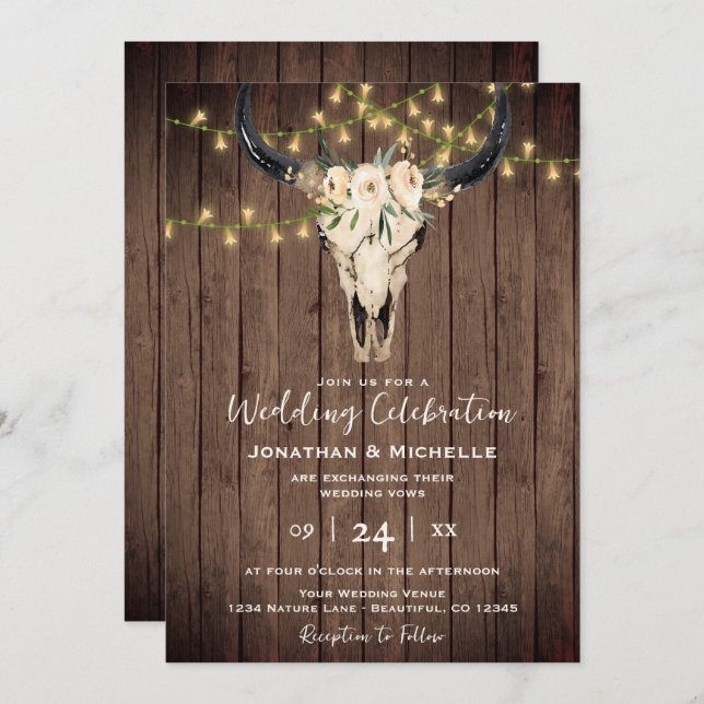 Boho Floral Cow Skull and Lights on Wood Wedding Invitation (Front/Back)