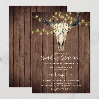 Boho Floral Cow Skull and Lights on Wood Wedding Invitation