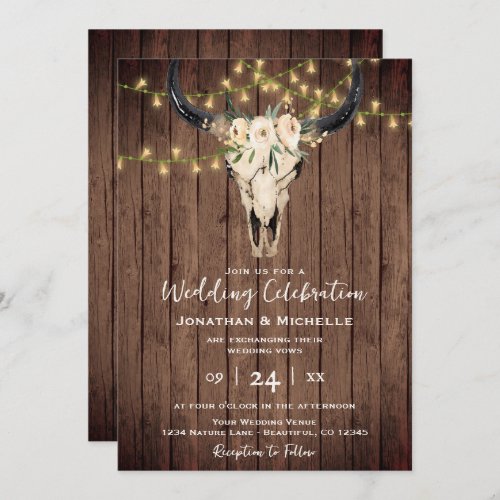 Boho Floral Cow Skull and Lights on Wood Wedding Invitation