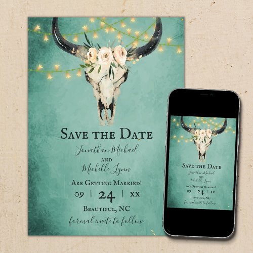 Boho Floral Cow Skull and Lights Turquoise Wedding Save The Date