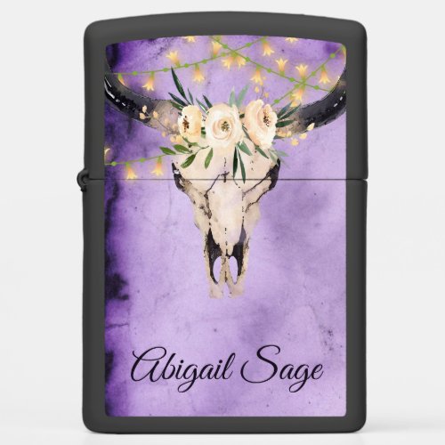 Boho Floral Cow Skull and String Lights on Purple Zippo Lighter