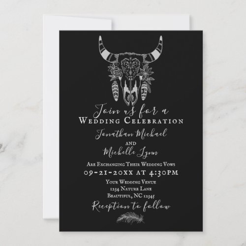 Boho Floral Cow Skull Black and White Wedding Invitation