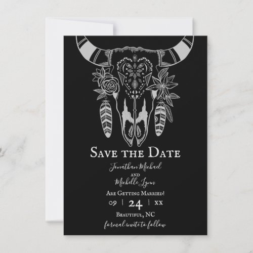 Boho Floral Cow Skull Black and White Wedding Save The Date