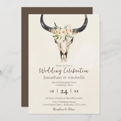 Boho Floral Cow Skull Brown and Cream Wedding Invitation