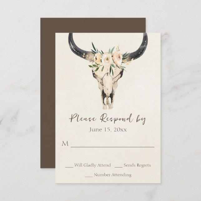 Boho Floral Cow Skull Brown and Cream Wedding RSVP Card (Front/Back)