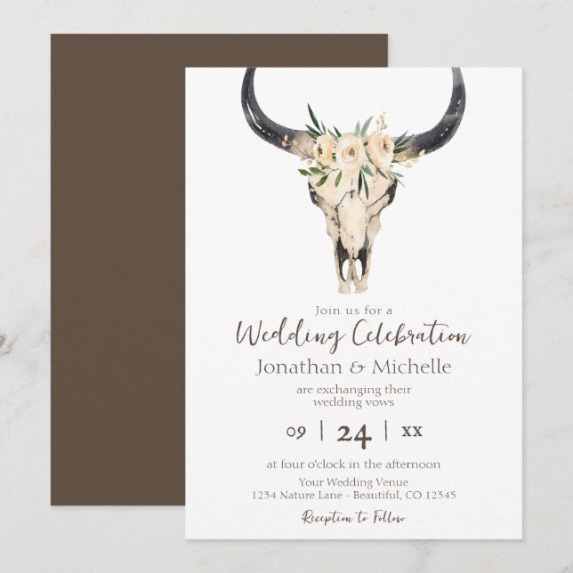 Boho Floral Cow Skull Brown and White Wedding Invitation (Front/Back)