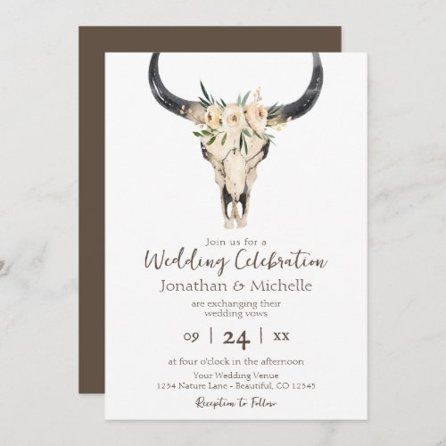 Boho Floral Cow Skull Brown and White Wedding Invitation