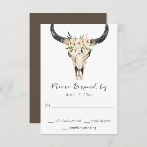 Boho Floral Cow Skull Brown and White Wedding RSVP Card