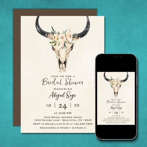 Boho Floral Cow Skull Brown Cream Bridal Shower Invitation