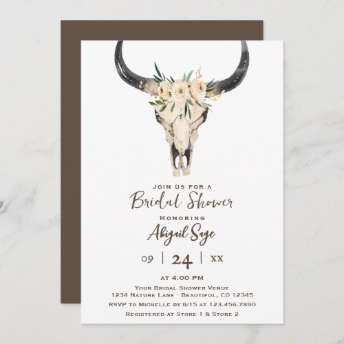 Boho Floral Cow Skull Brown White Bridal Shower Invitation