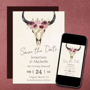 Boho Floral Cow Skull Burgundy and Cream Wedding Save The Date