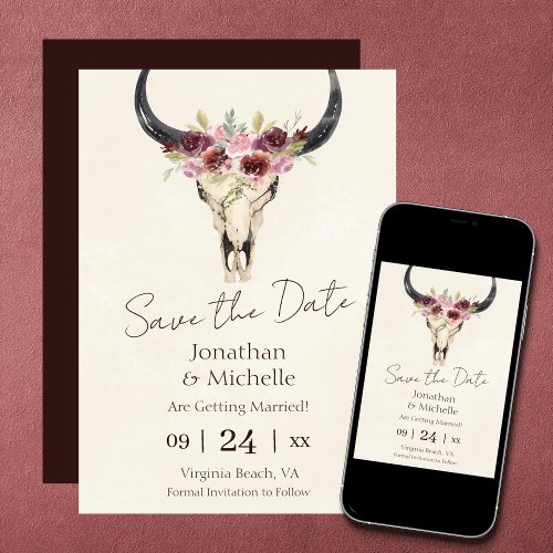 Boho Floral Cow Skull Burgundy and Cream Wedding Save The Date