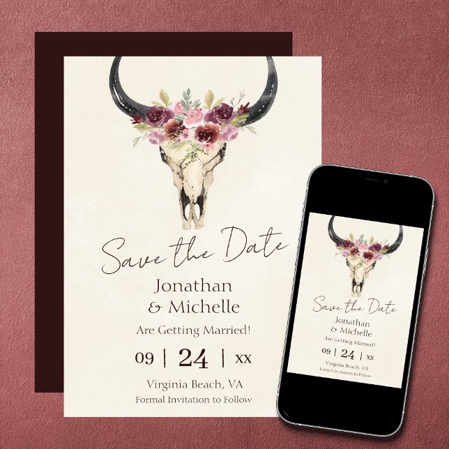 Boho Floral Cow Skull Burgundy and Cream Wedding Save The Date (Creator Uploaded)