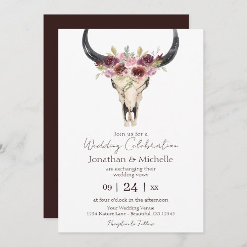 Boho Floral Cow Skull Burgundy and White Wedding Invitation