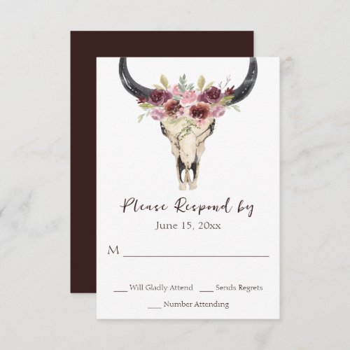 Boho Floral Cow Skull Burgundy and White Wedding RSVP Card