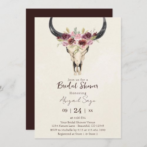 Boho Floral Cow Skull Burgundy Cream Bridal Shower Invitation