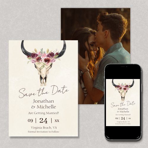 Boho Floral Cow Skull Burgundy PHOTO Wedding Save The Date