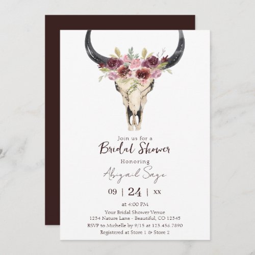 Boho Floral Cow Skull Burgundy White Bridal Shower Invitation