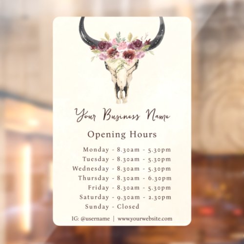 Boho Floral Cow Skull Business Store Hours Window Cling