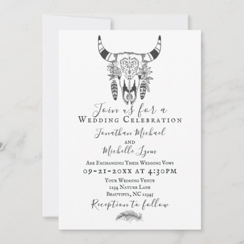 Boho Floral Cow Skull Grey and White Wedding Invitation