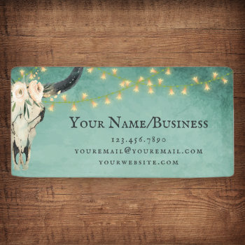Boho Floral Cow Skull  Lights Turquoise Business Banner by JustYourBusiness at Zazzle
