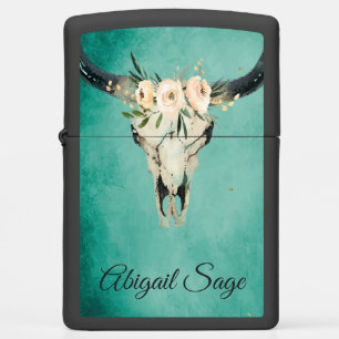 Boho Floral Cow Skull on a Turquoise Background Zippo Lighter