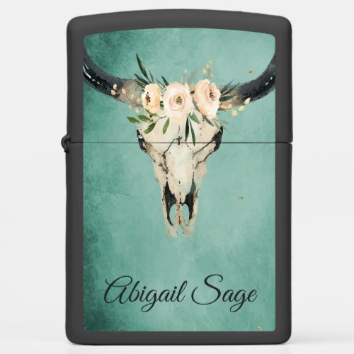 Boho Floral Cow Skull on a Turquoise Background Zippo Lighter