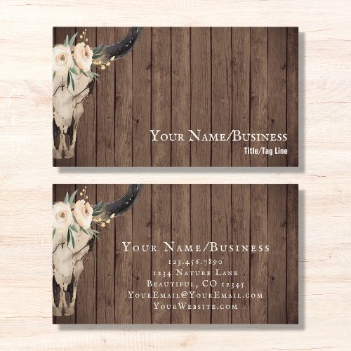 Boho Floral Cow Skull on Barnwood Background Business Card