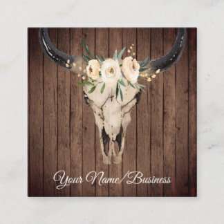 Boho Floral Cow Skull on Barnwood Background Square Business Card