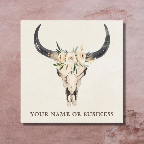 Boho Floral Cow Skull on Natural Cream Background Square Business Card