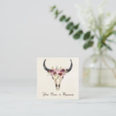 Boho Floral Cow Skull on Natural Cream Square Business Card (Standing Front)