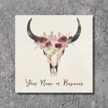 Boho Floral Cow Skull On Natural Cream Square Business Card by JustYourBusiness at Zazzle