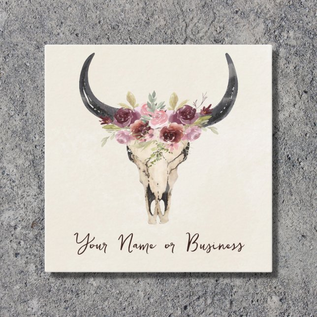 Boho Floral Cow Skull on Natural Cream Square Business Card