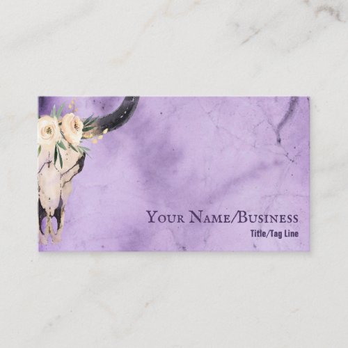Boho Floral Cow Skull on Purple Background Business Card