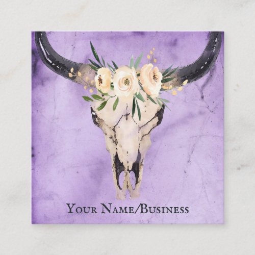 Boho Floral Cow Skull on Purple Background Square Business Card