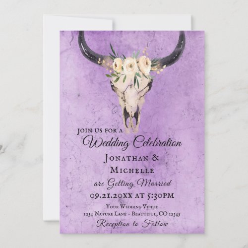 Boho Floral Cow Skull on Purple Background Wedding Invitation