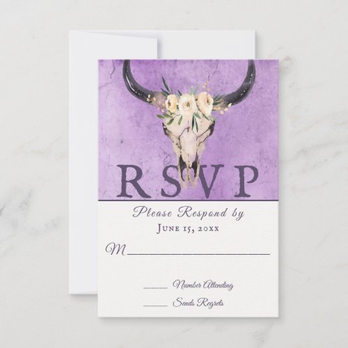Boho Floral Cow Skull on Purple Background Wedding RSVP Card