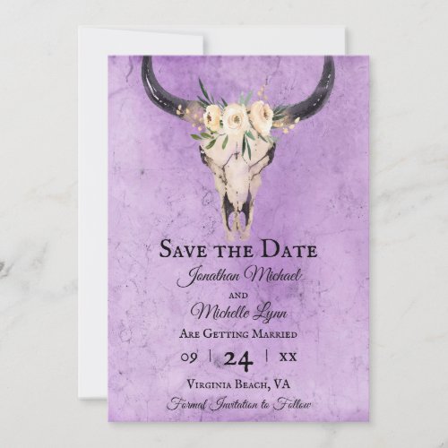 Boho Floral Cow Skull on Purple Background Wedding Save The Date