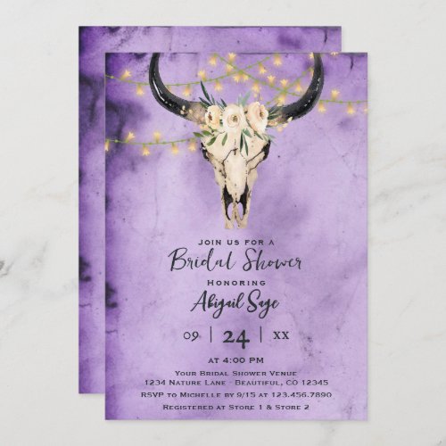 Boho Floral Cow Skull on Purple Bridal Shower Invitation