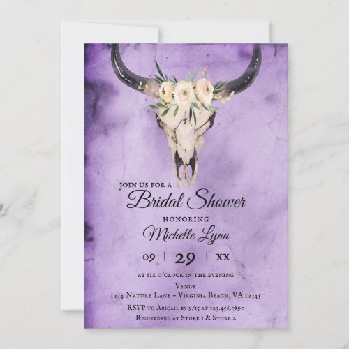 Boho Floral Cow Skull on Purple Bridal Shower Invitation