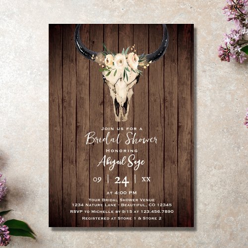 Boho Floral Cow Skull on Rustic Wood Bridal Shower Invitation