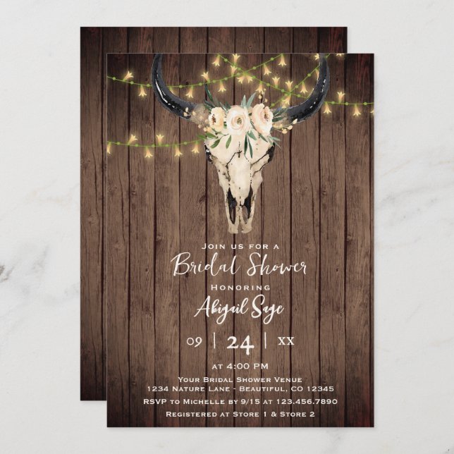Boho Floral Cow Skull on Rustic Wood Bridal Shower Invitation (Front/Back)