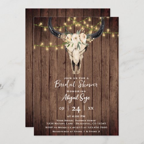 Boho Floral Cow Skull on Rustic Wood Bridal Shower Invitation