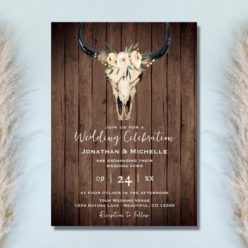 Boho Floral Cow Skull on Rustic Wood Wedding Invitation