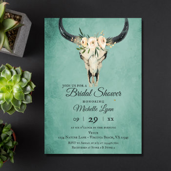 Boho Floral Cow Skull On Turquoise Bridal Shower Invitation by HorseAndPony at Zazzle