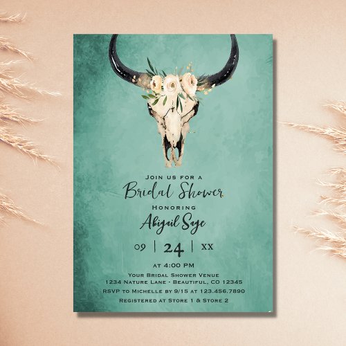 Boho Floral Cow Skull on Turquoise Bridal Shower Invitation