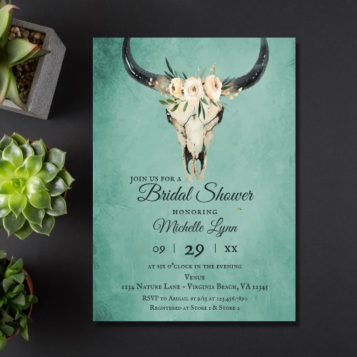 Boho Floral Cow Skull on Turquoise Bridal Shower Invitation