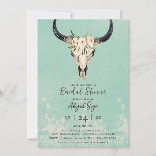 Boho Floral Cow Skull on Turquoise Bridal Shower Invitation