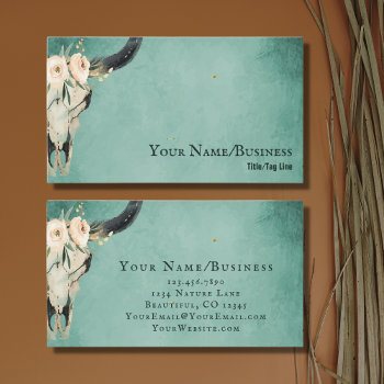 Boho Floral Cow Skull On Turquoise Business Card by HorseAndPony at Zazzle