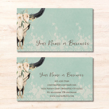 Boho Floral Cow Skull On Turquoise Business Card by JustYourBusiness at Zazzle